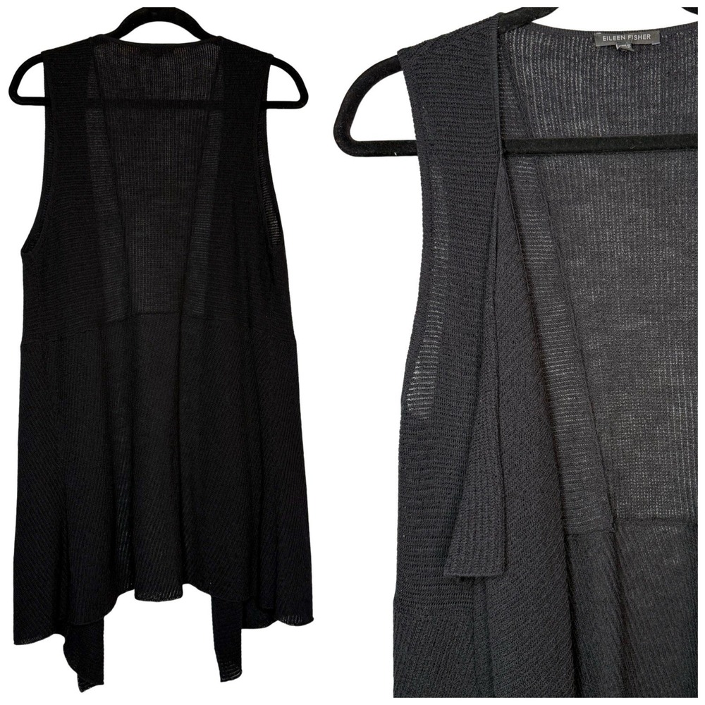 Eileen Fisher 100% Wool Medium Sleeveless Duster Cardigan Vest Black Lagenlook